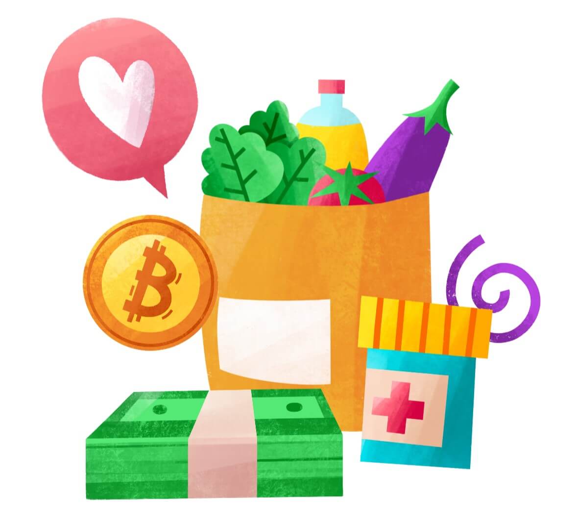 Ilustração com compras, remédio, dinheiro, bitcoin e frases de amor